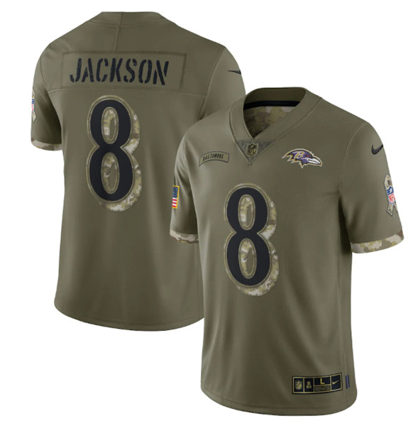 Men's Baltimore Ravens #8 Lamar Jackson 2022 Olive Salute To Service Limited Stitched Jersey - Click Image to Close